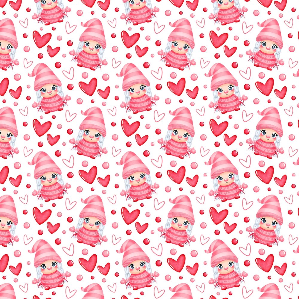 Cartoon Valentine Girl Gnome Fabric - Pink