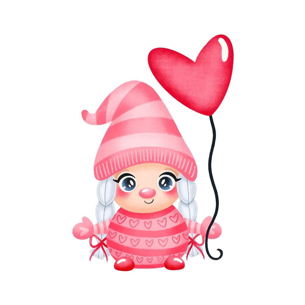 Cartoon Valentine Girl Gnome With Balloon - White