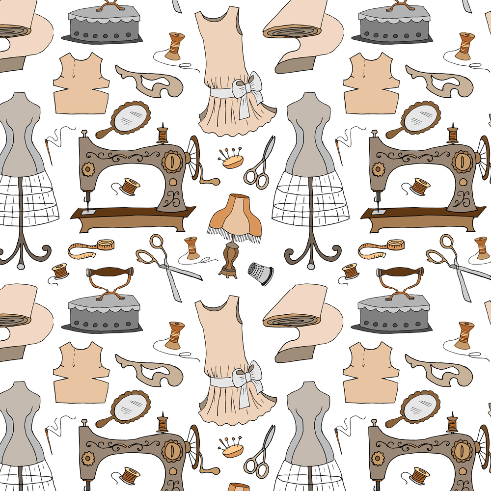 Cartoon Vintage Sewing Items Fabric - White