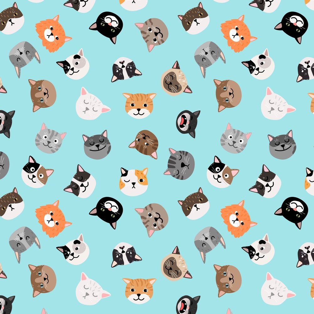 Cat Faces Fabric - Blue