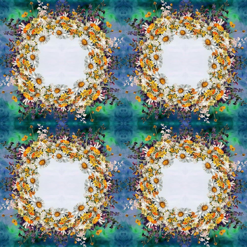 Chamomile Flowers & Herbs Wreath Fabric - Blue/Green