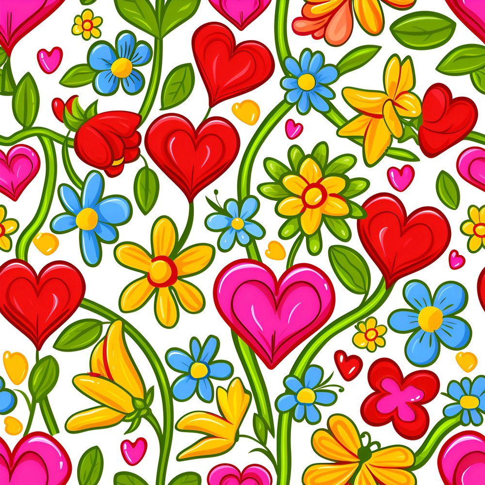 Sweet Floral Doodle Hearts Pattern #2 Fabric