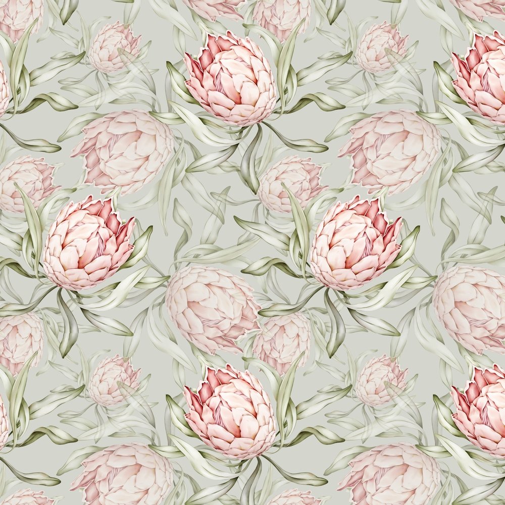 Tropical Protea Flower Fabric - Pink/Green