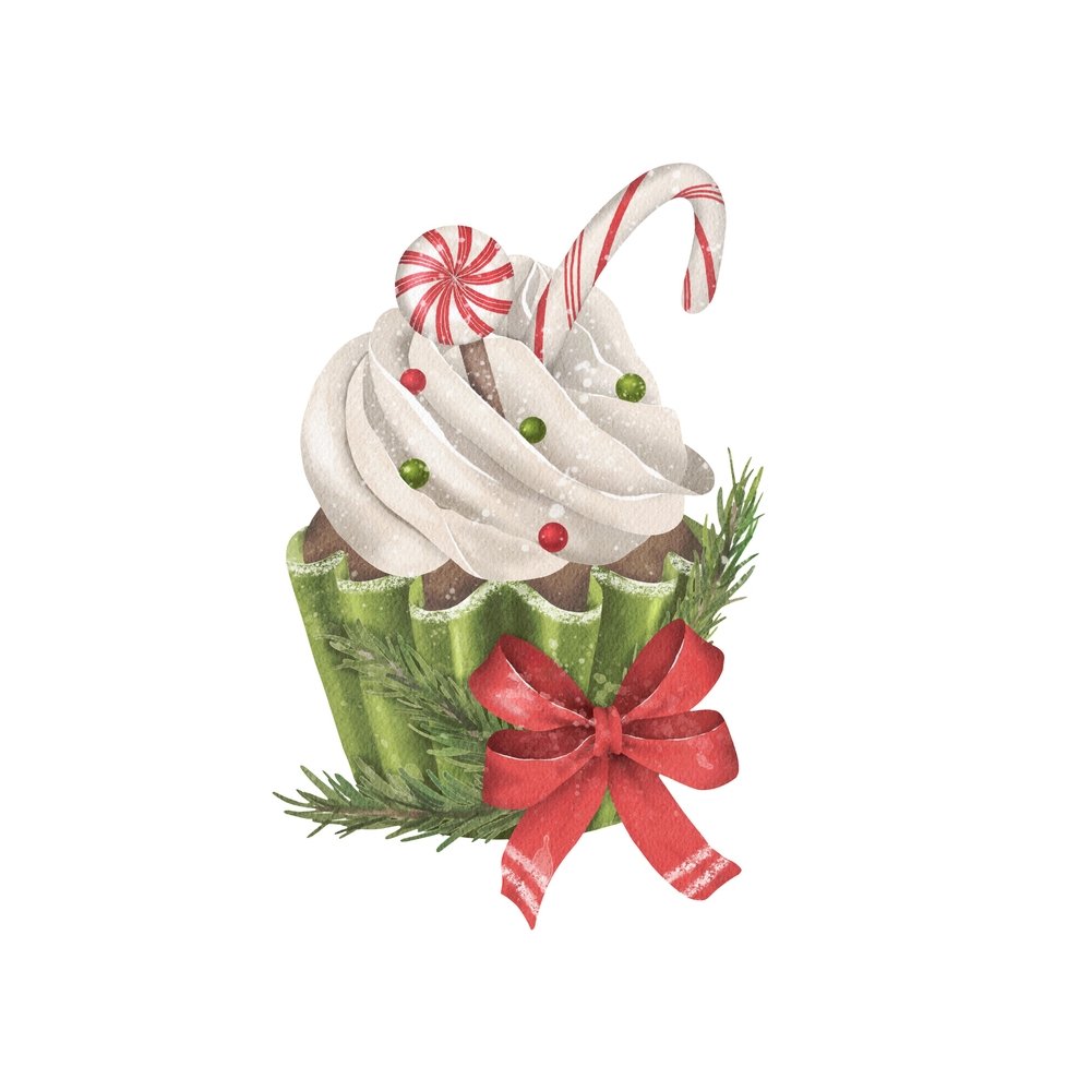 Twisted Peppermint Cupcake Fabric Panel - White