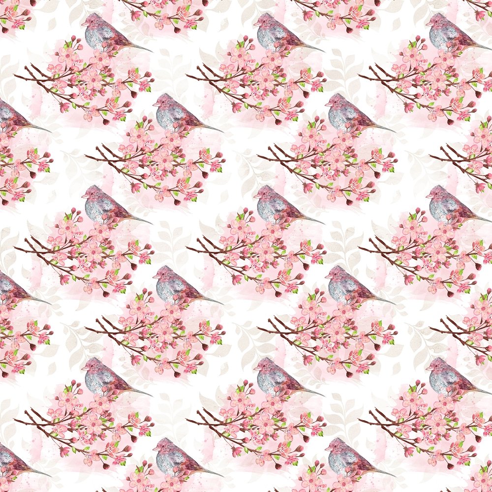 Cardinal Perched on Cherry Blossoms Branches Fabric - White