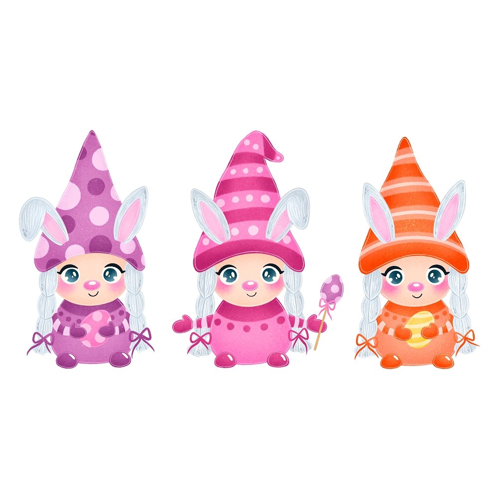 Cartoon Easter Girl Gnomes Fabric Panel - White