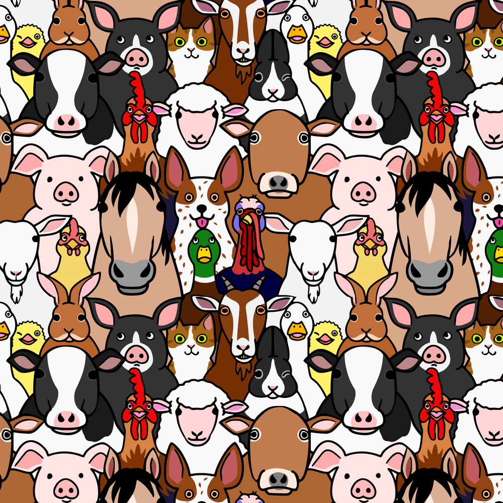 Cartoon Farm Animal Faces Fabric - Multi