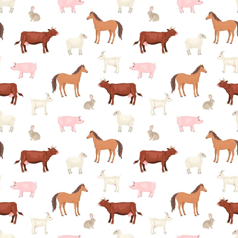 Cartoon Farm Animals Allover Fabric - White