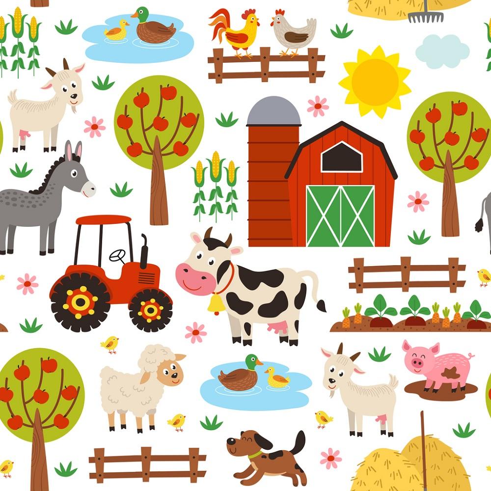 Cartoon Farming Tractor & Animals Fabric - White