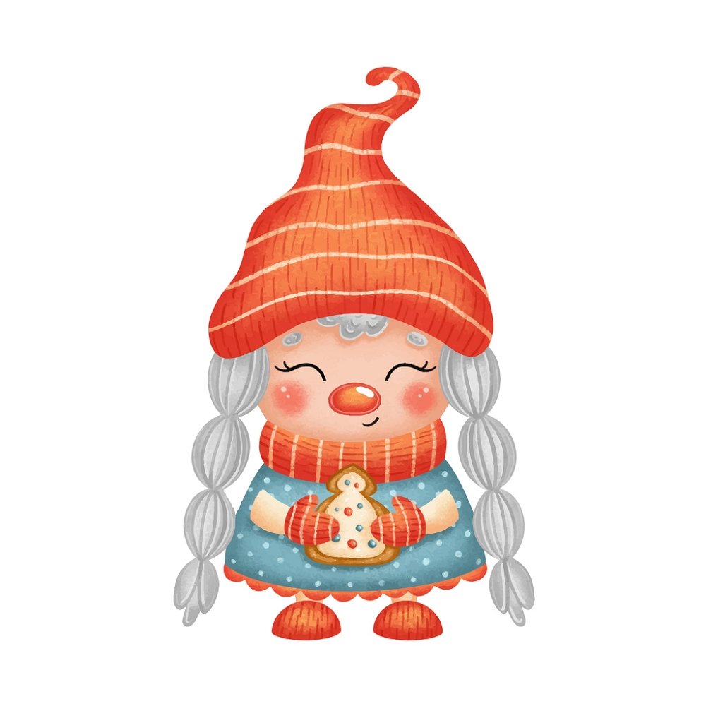 Cartoon Girl Gnome With Cookie Fabric Panel - White