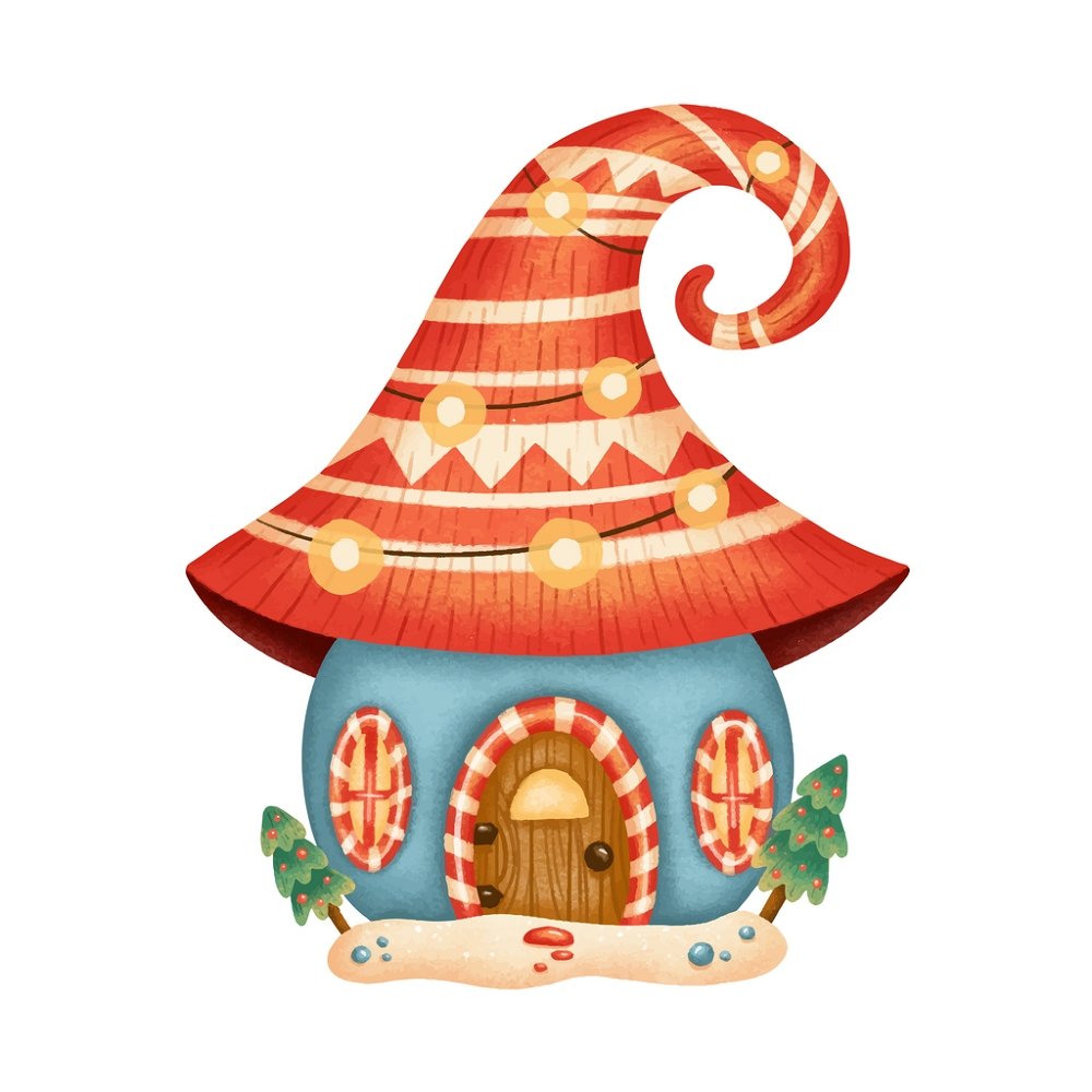 Cartoon Gnome House Fabric Panel - Blue/Red