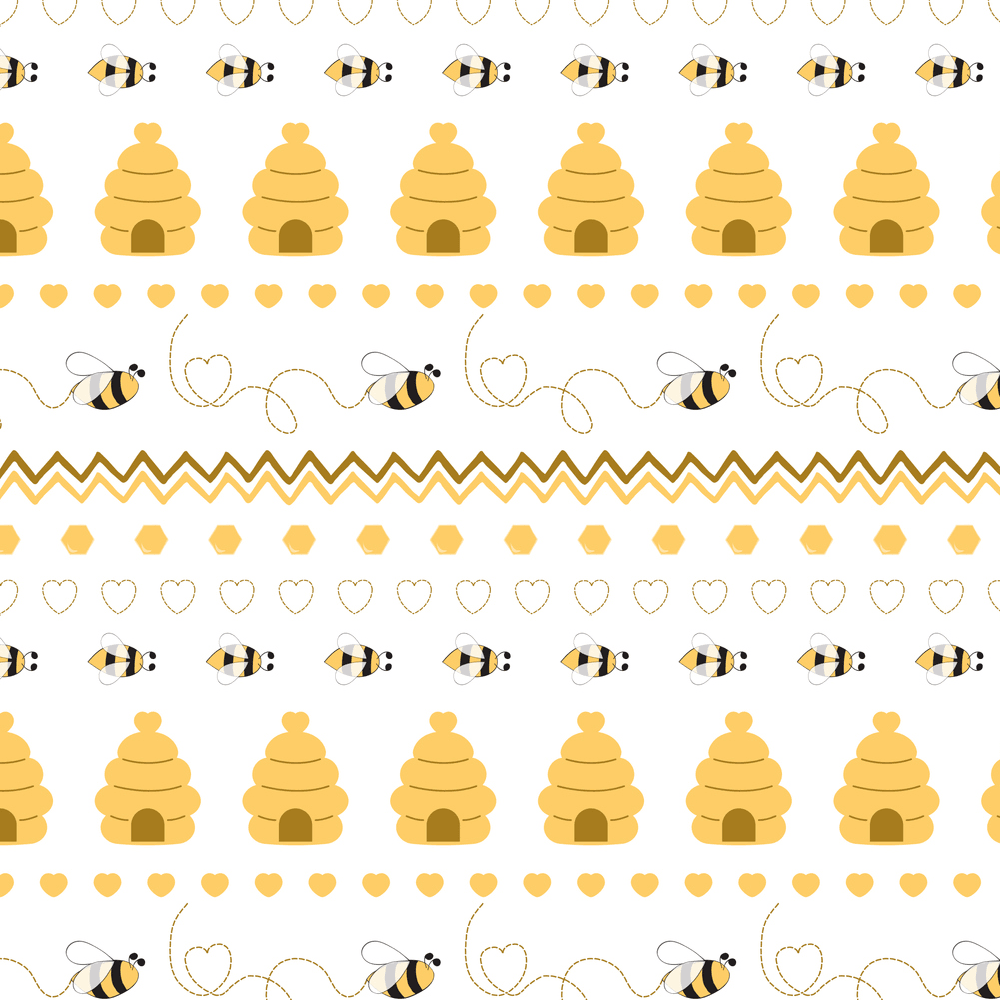 Cartoon Honey Bee, Hive, And Hearts Fabric