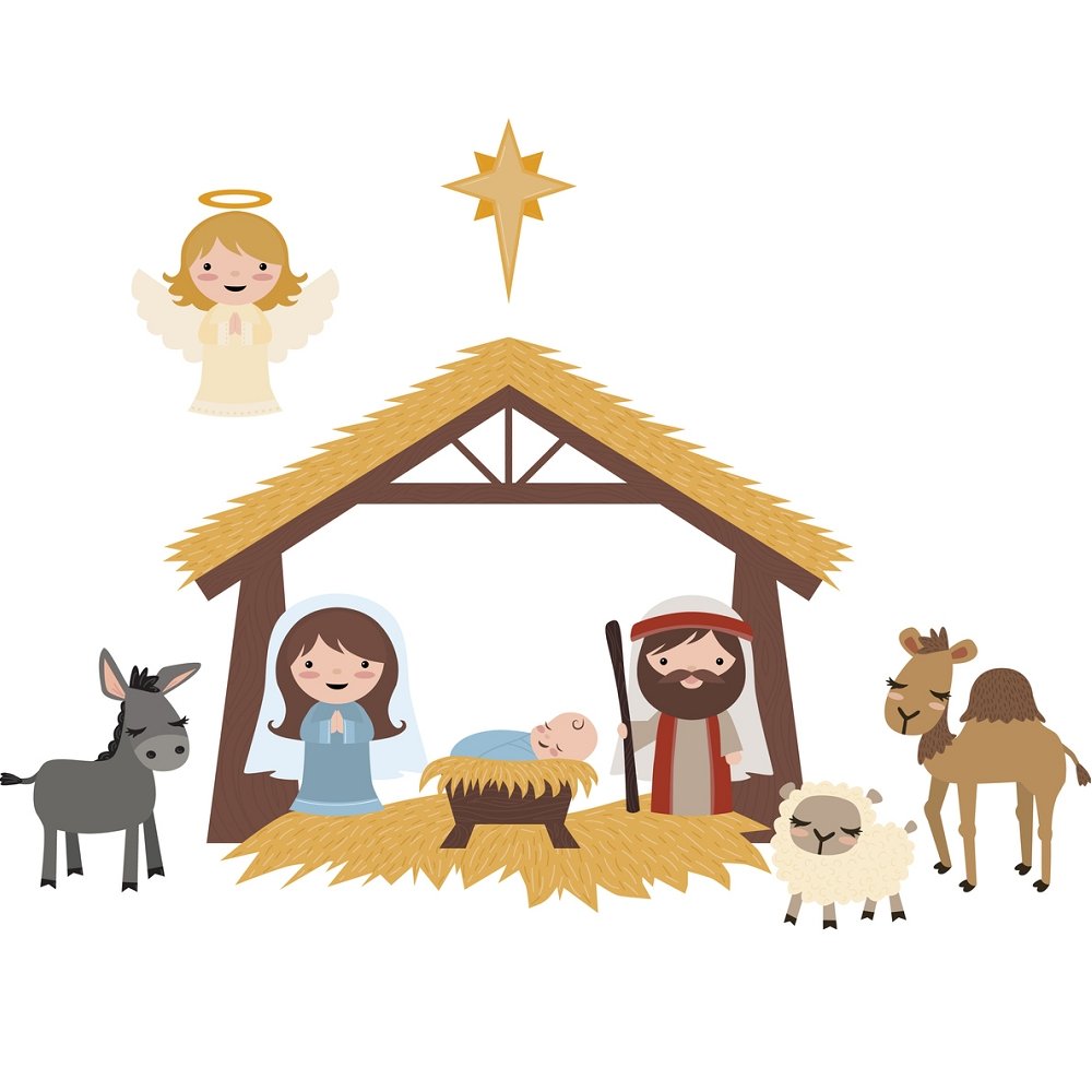 Cartoon Nativity Scene Fabric Panel - White