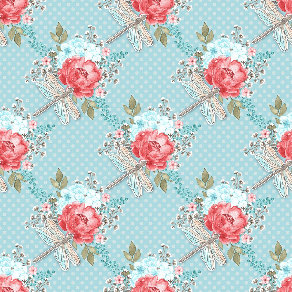 Sweet Dragonfly on Blue Dots Fabric