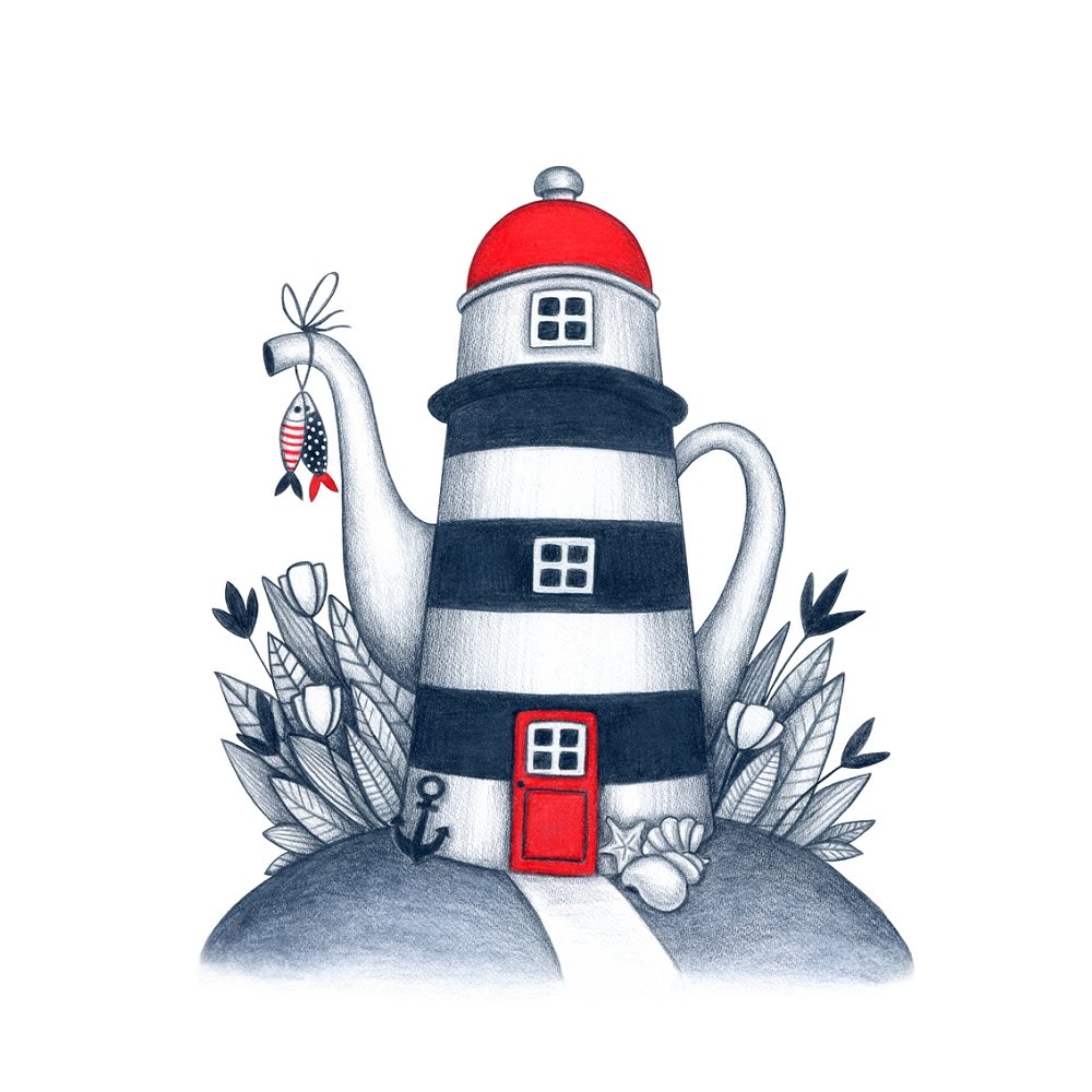 Teapot Lighthouse Fabric Panel - Navy