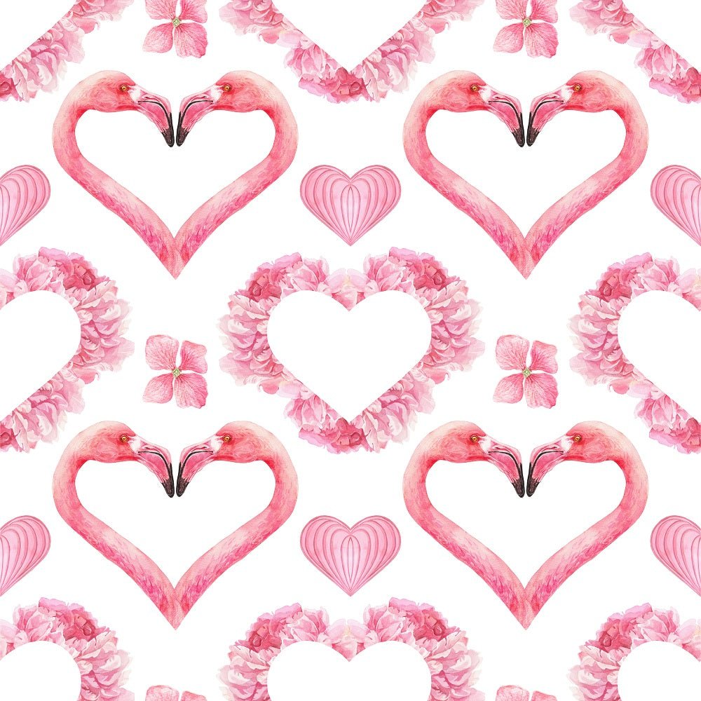 Tropical Love Heart Flamingos Floral Fabric - White