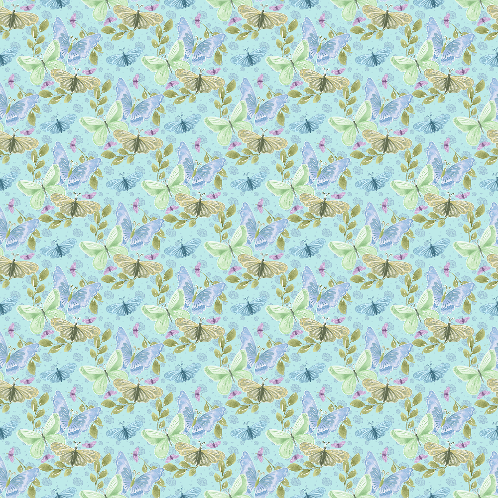 Butterflies on Floral Fabric - Teal