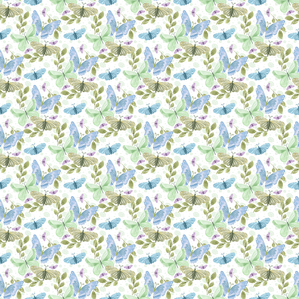 Butterflies on Floral Fabric - White