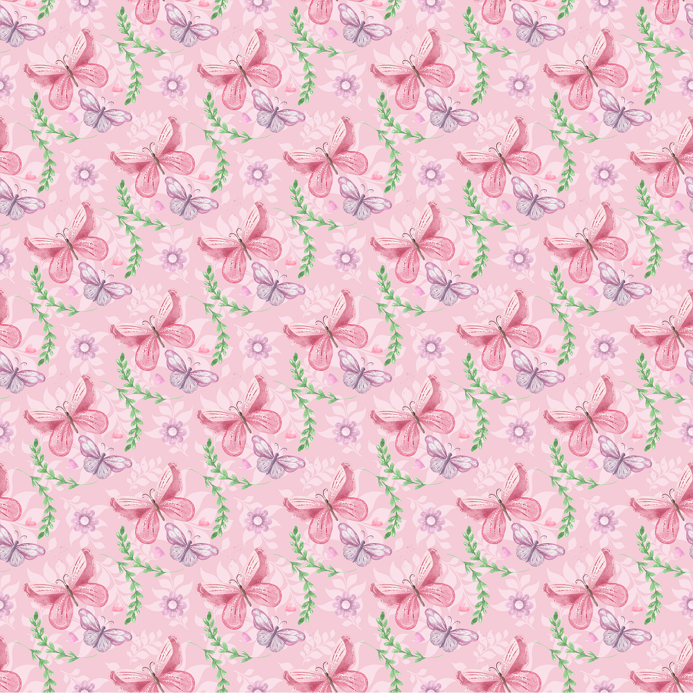 Butterflies on Leaves Fabric - Pink