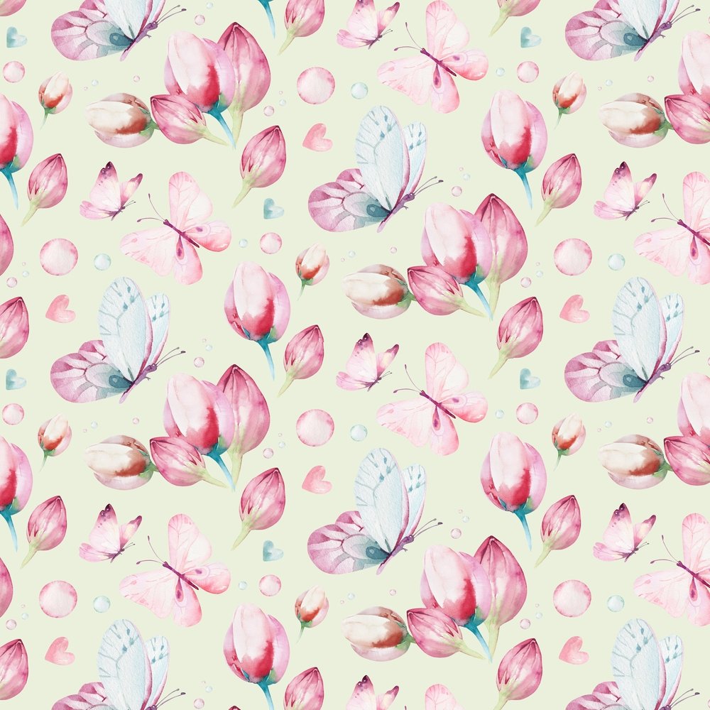 Butterflies & Tulips Fabric - Light Green