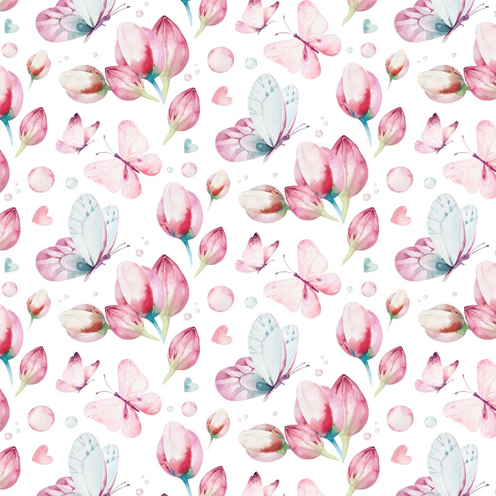 Butterflies & Tulips Fabric - White