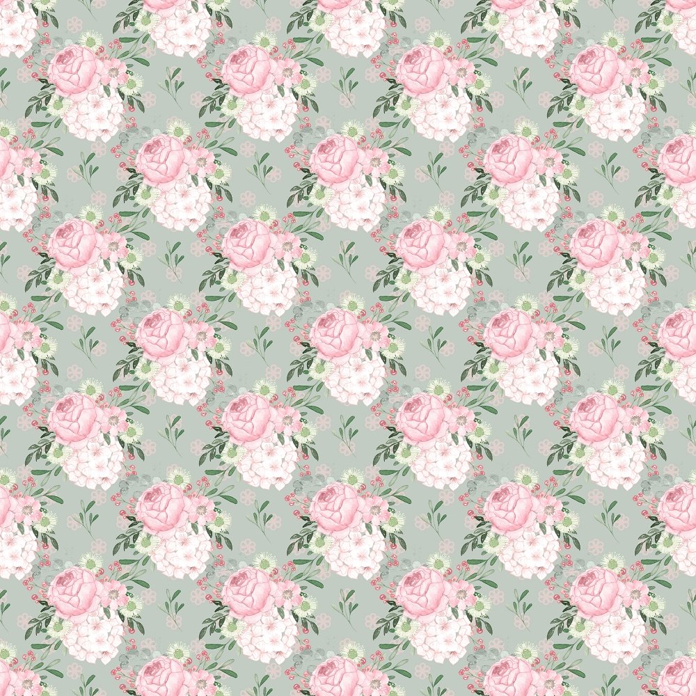Cabbage Rose and Cherry Blossom Fabric - Green