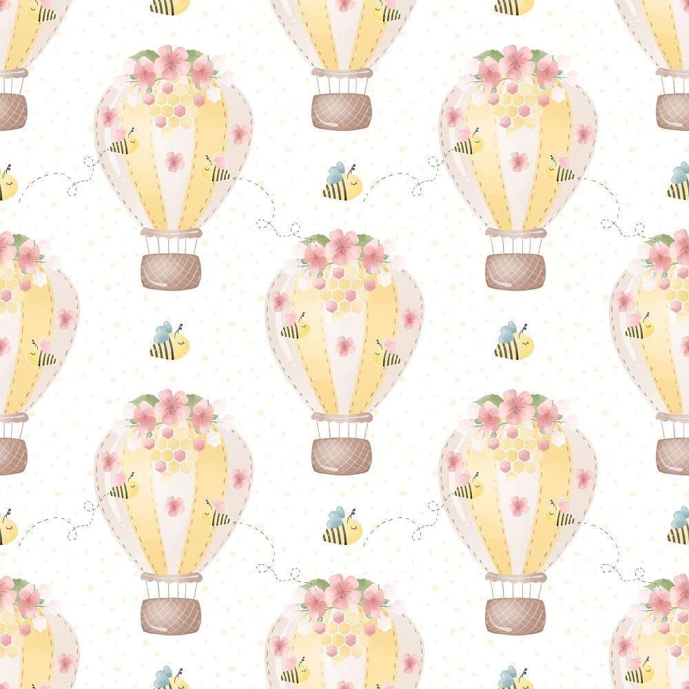 Bumble Bee Bear Hot Air Balloons Fabric - White