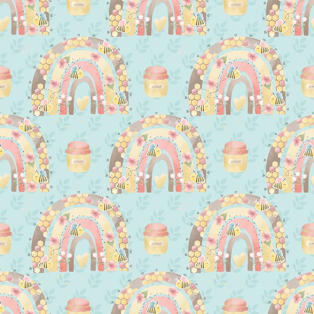 Bumble Bee Bear Rainbows Fabric - Blue