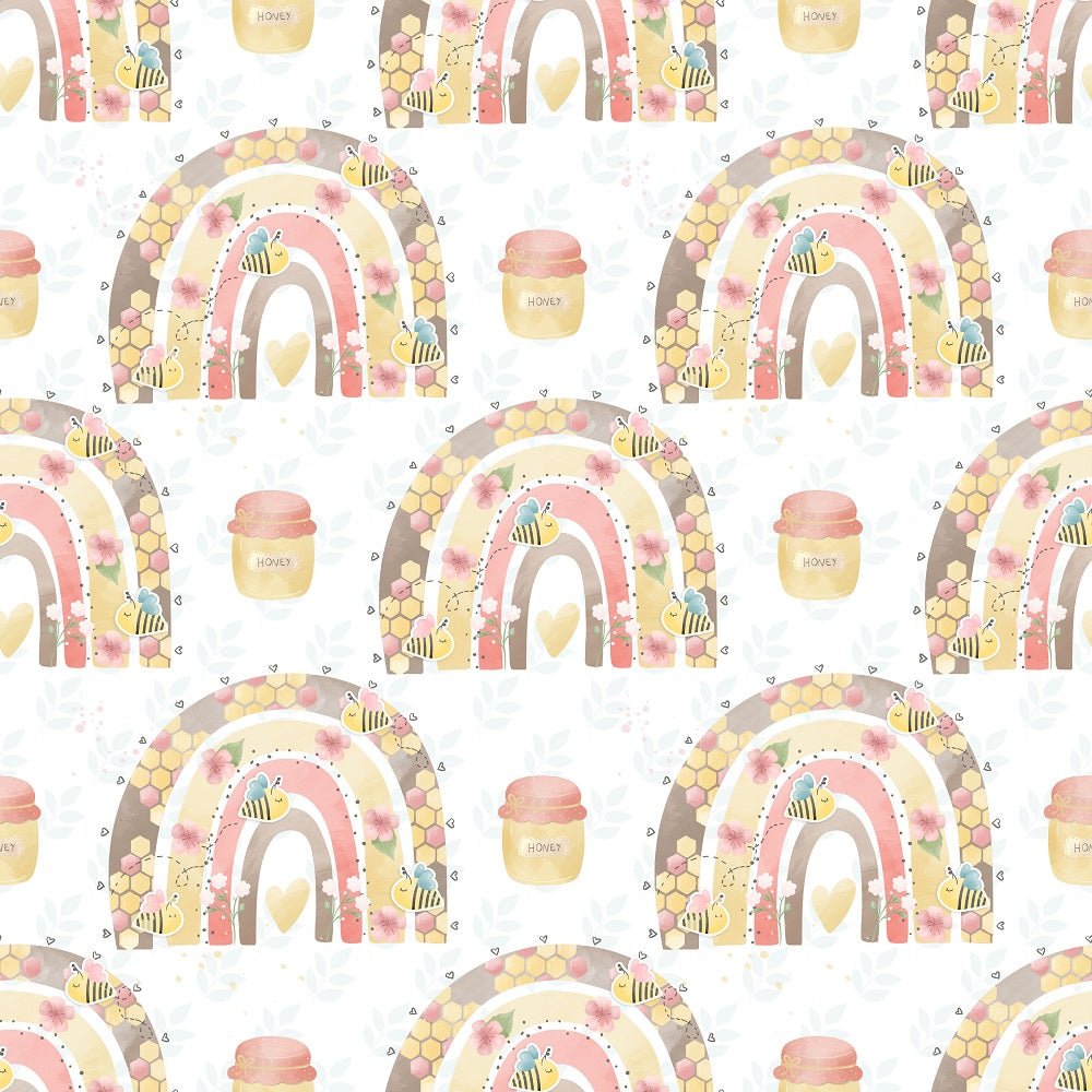 Bumble Bee Bear Rainbows Fabric - White