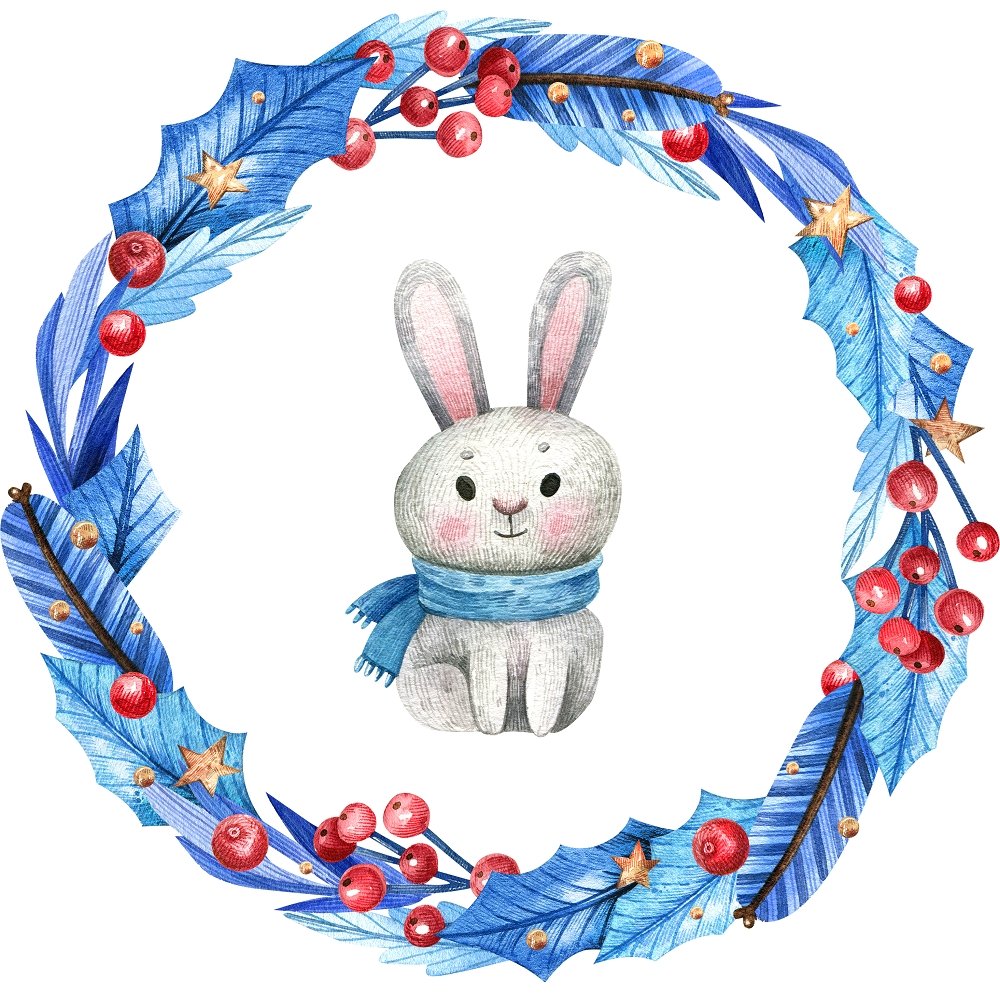 Bunny in a Wreath Fabric Panel - Blue