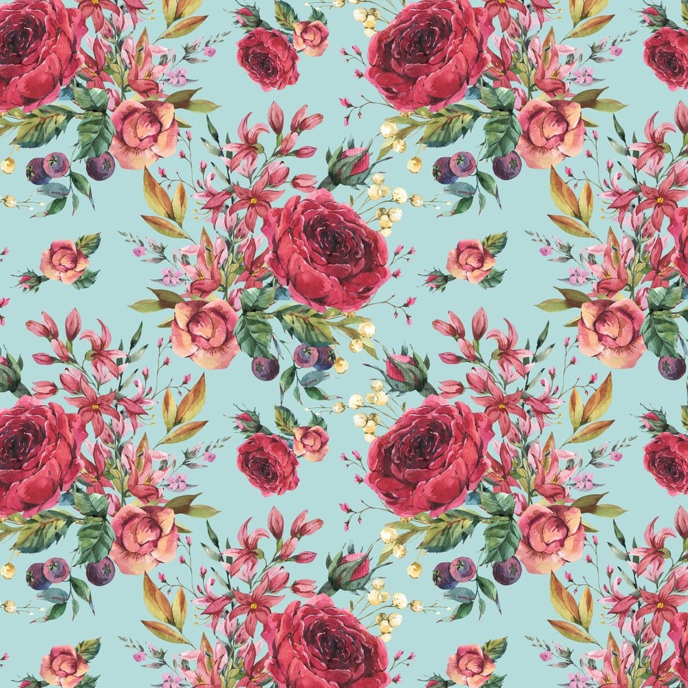 Burgundy Roses & Wildflowers Fabric - Blue