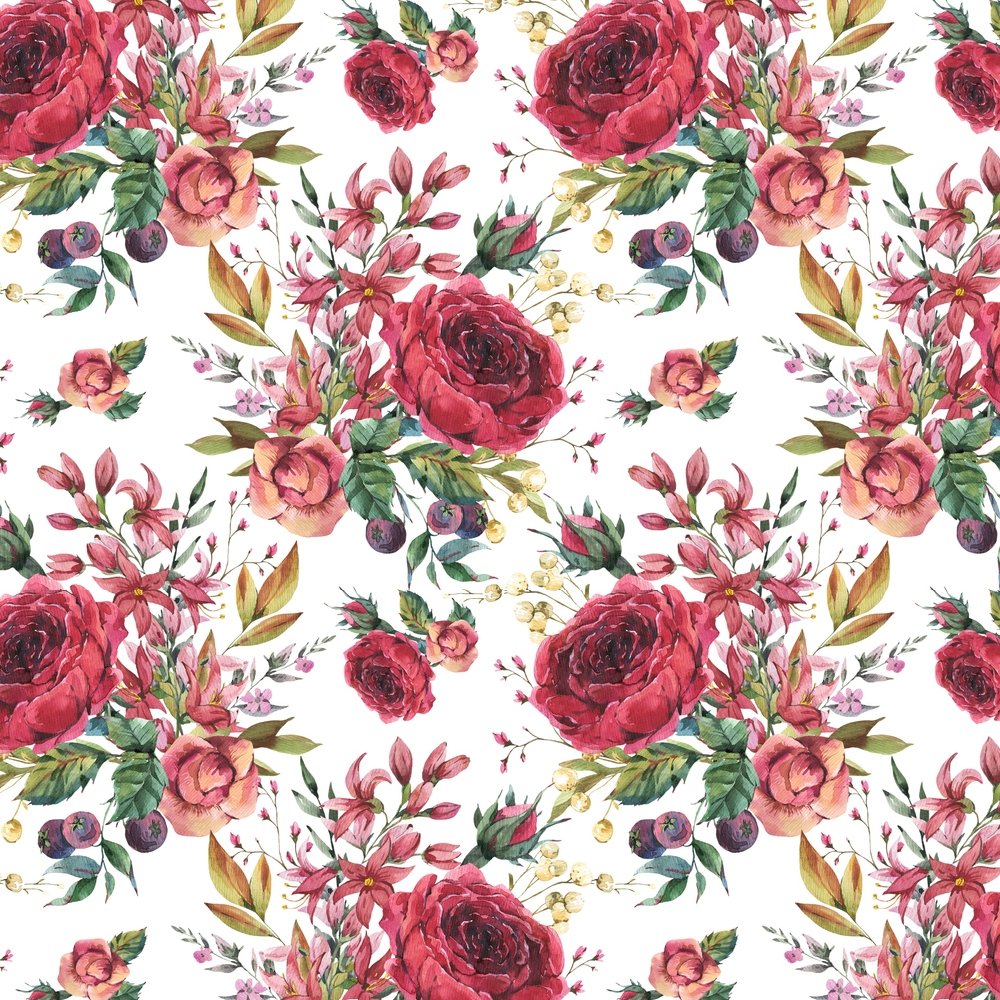 Burgundy Roses & Wildflowers Fabric - White