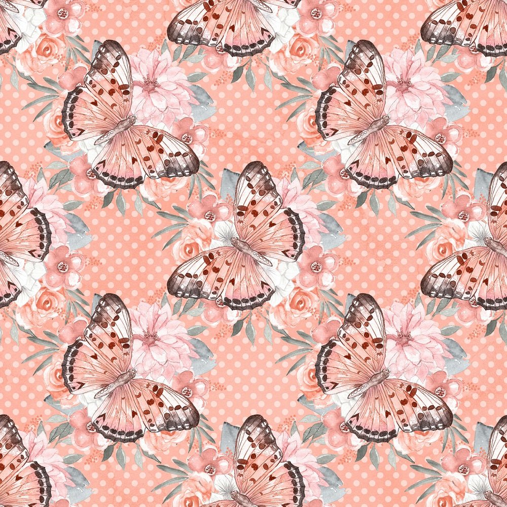 Butterflies & Bouquets on Dots Fabric - Coral
