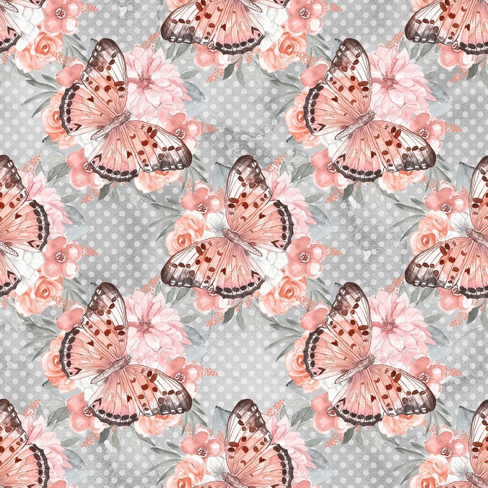 Butterflies & Bouquets on Dots Fabric - Grey