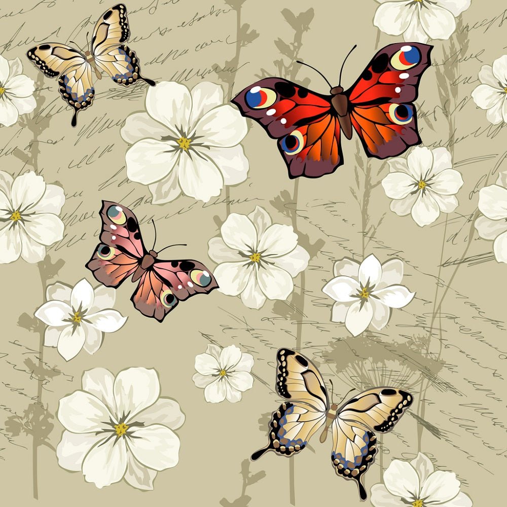 Butterflies & Flowers on Vintage Script Fabric