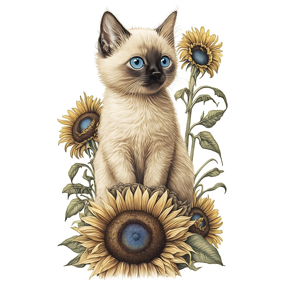 Sunflowers & Kittens Siamese Fabric Panel