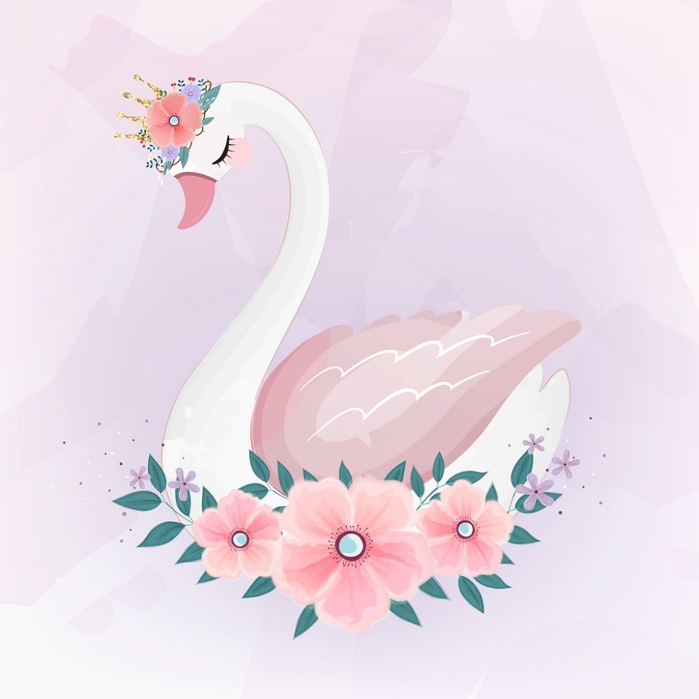 Swan Princess With Floral Bouquet Fabric Panel - Pink