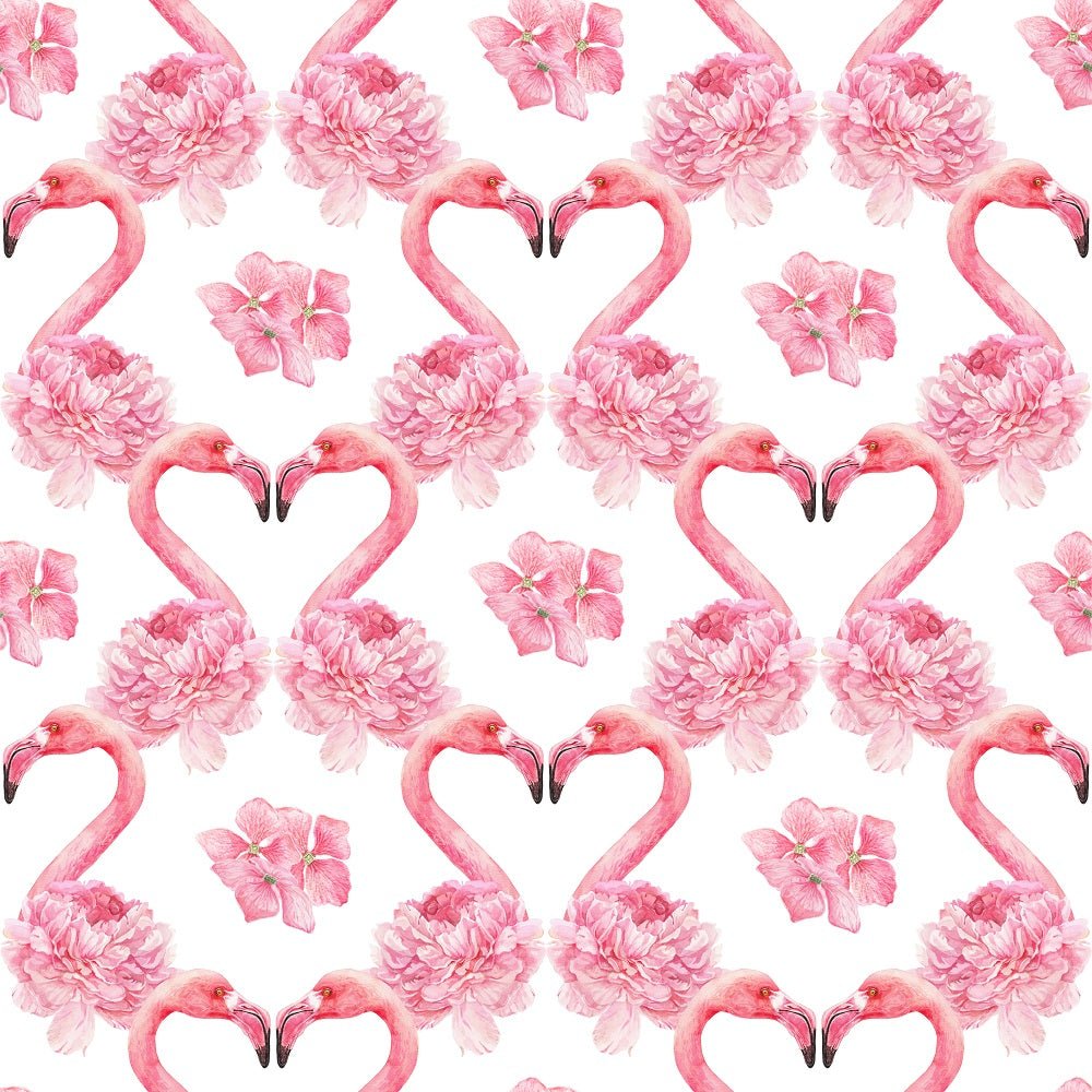Tropical Love Flamingos and Flowers Fabric - White