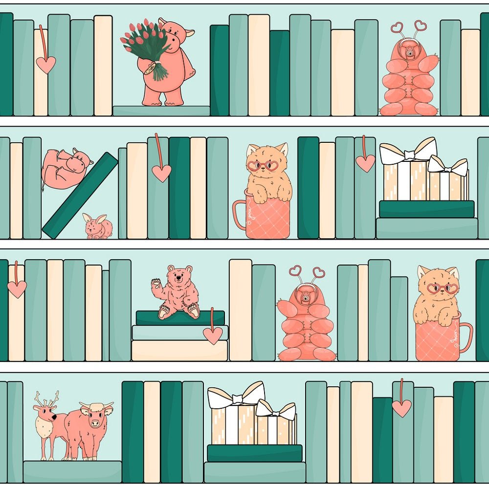 Valentines Day Bookcase with Stuffed Animals Fabric