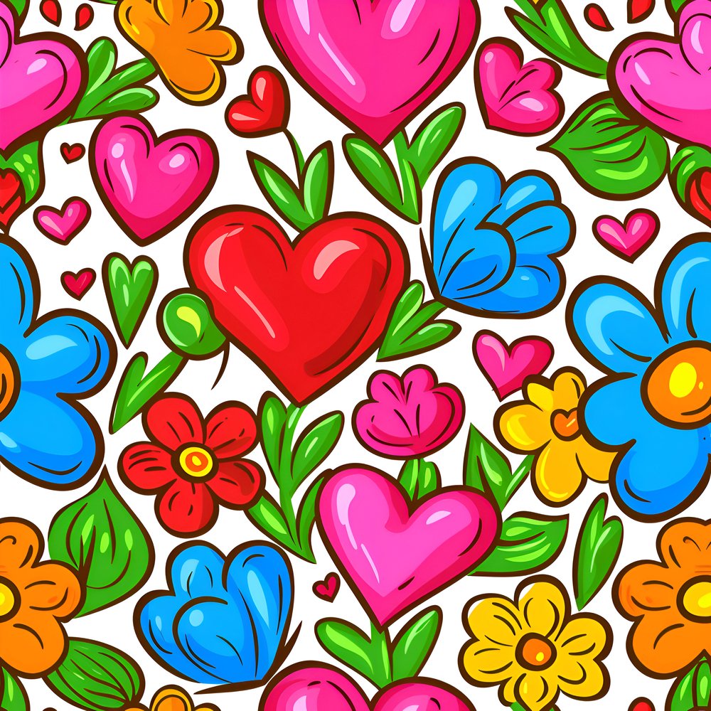 Sweet Floral Doodle Hearts Pattern #5 Fabric