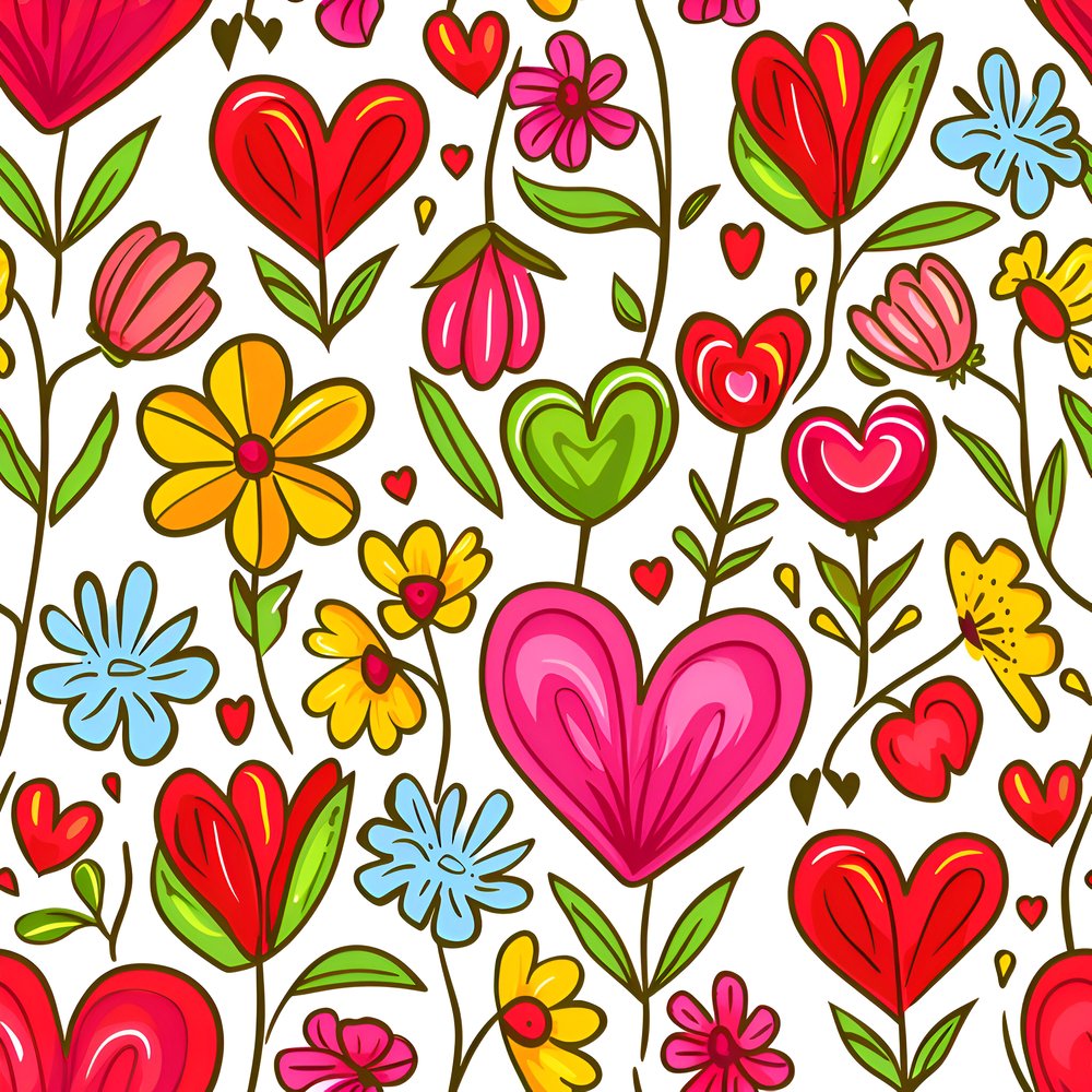 Sweet Floral Doodle Hearts Pattern #7 Fabric