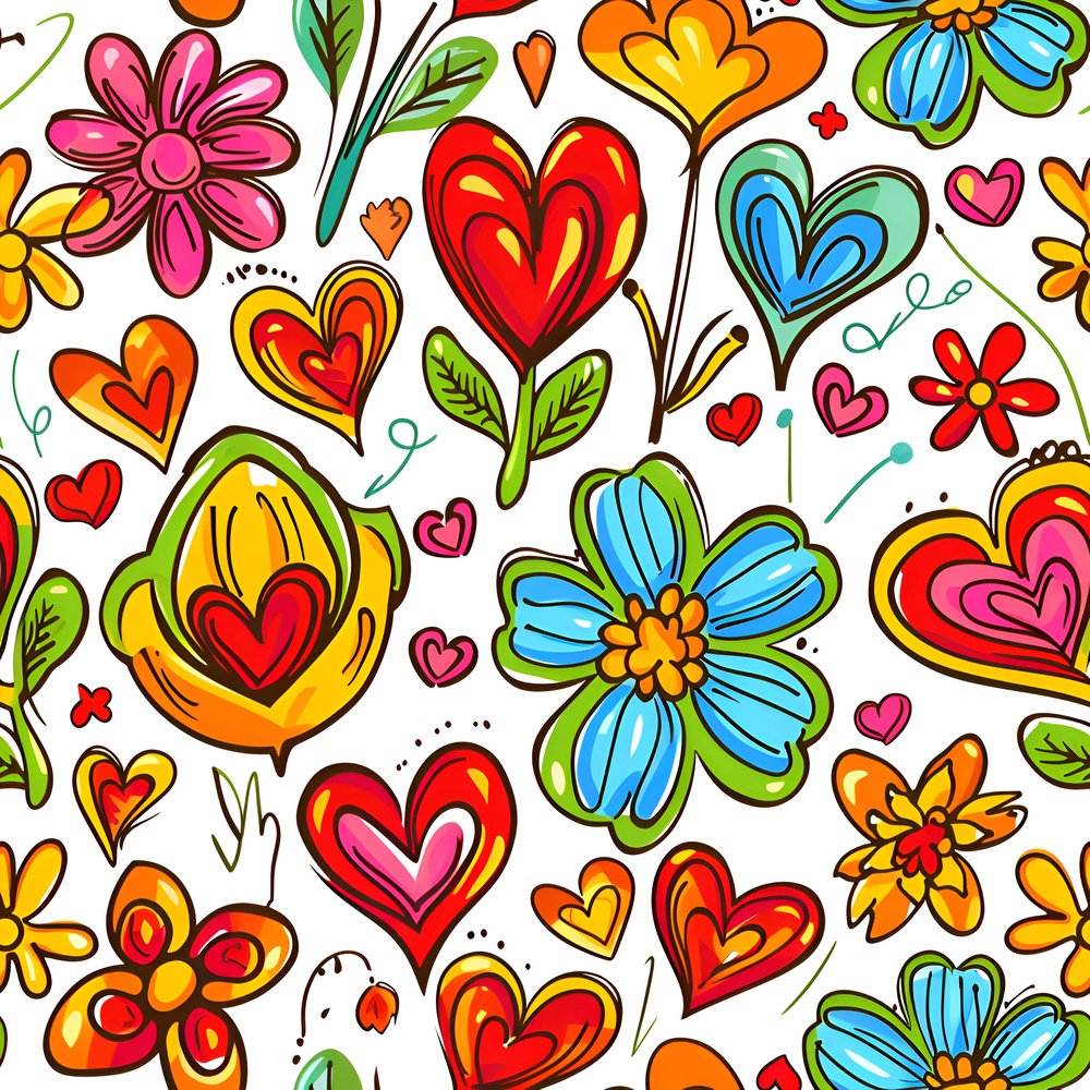 Sweet Floral Doodle Hearts Pattern #8 Fabric