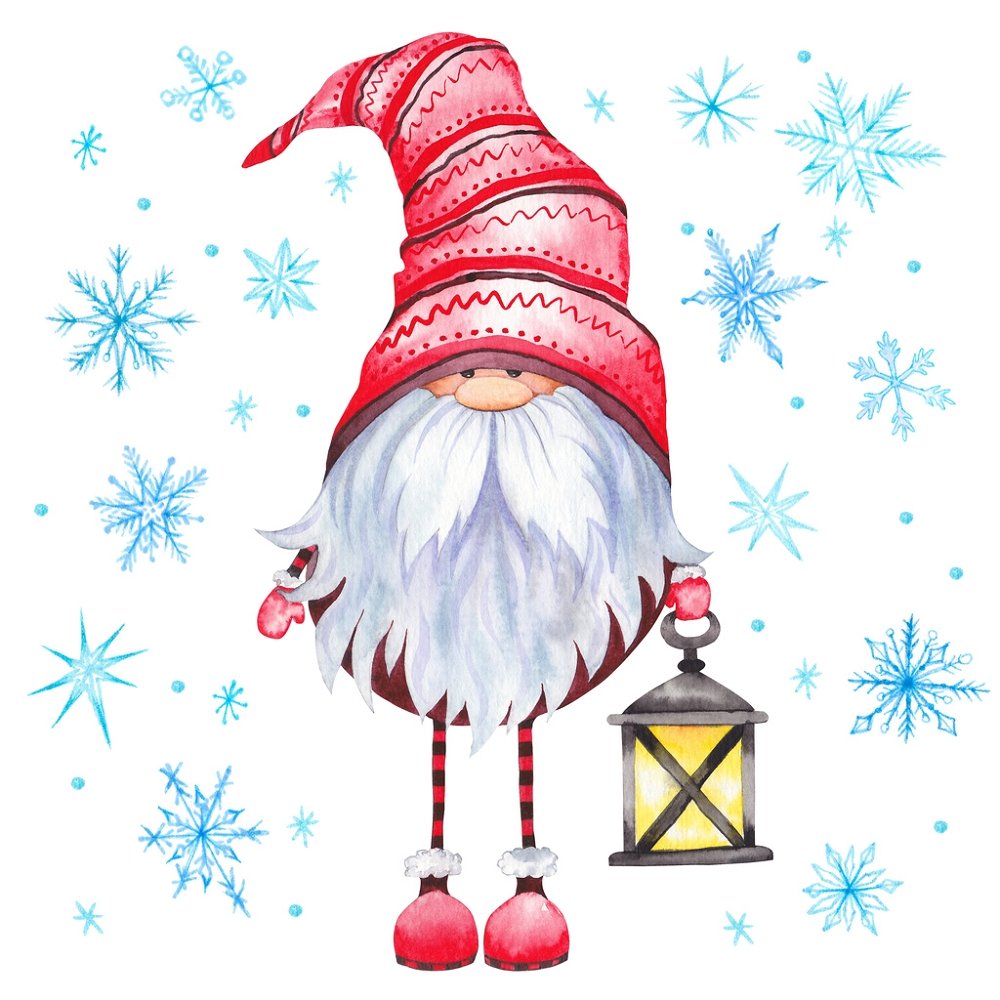 Tall Forest Gnome & Snowflakes Fabric Panel - White