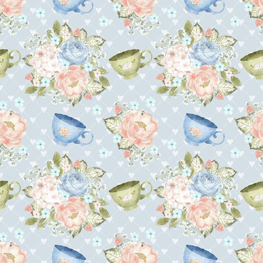 Tea Time Cups and Bouquets Fabric - Blue