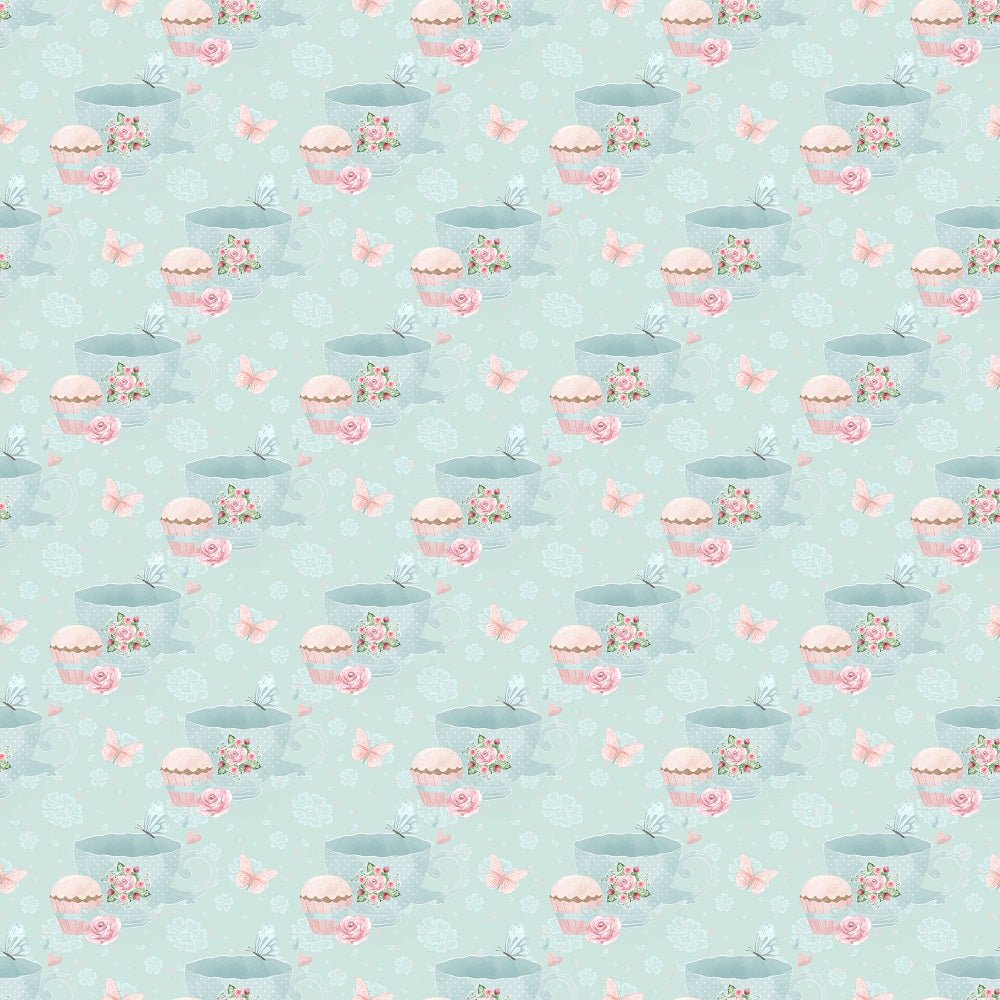 Tea Time Cups and Butterflies on Floral Fabric - Blue