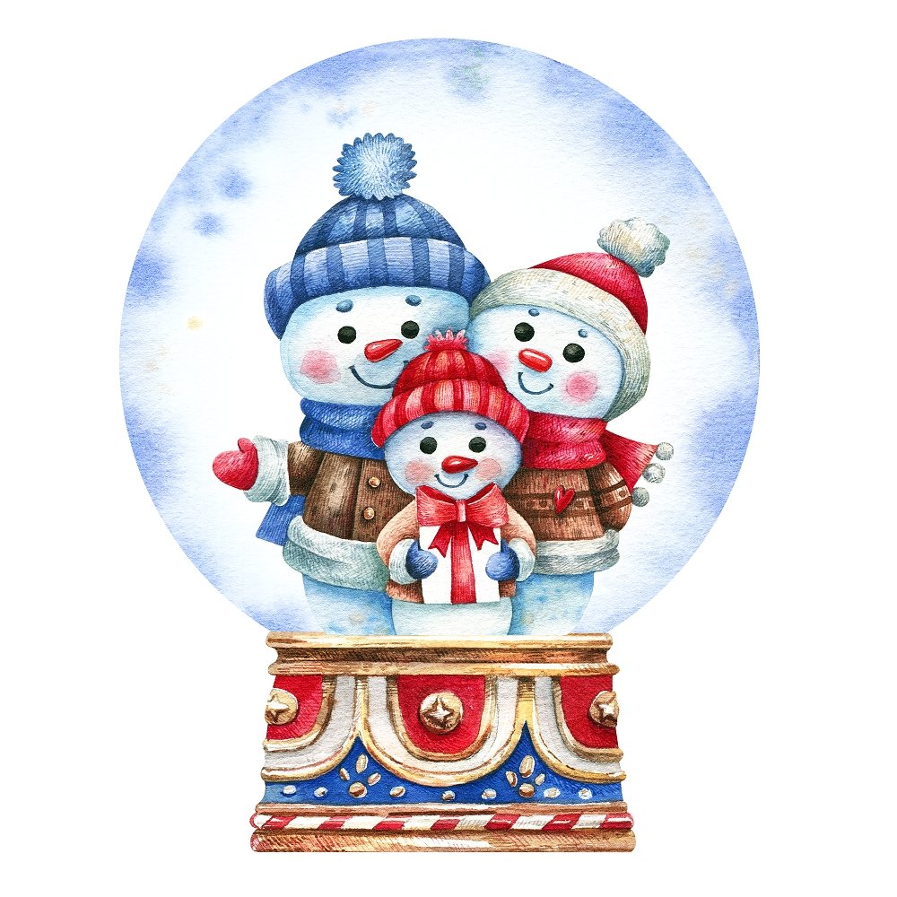Three Snowman in Snowglobe Fabric Panel