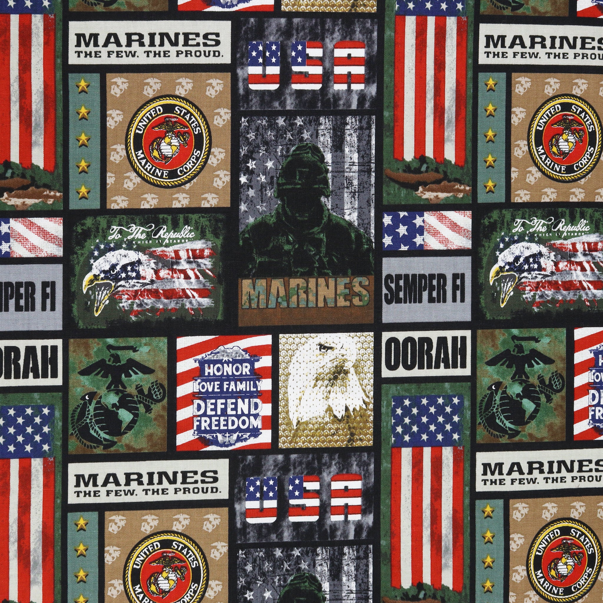 US Military Fabric Collection - Marines Camo Flag Blocks