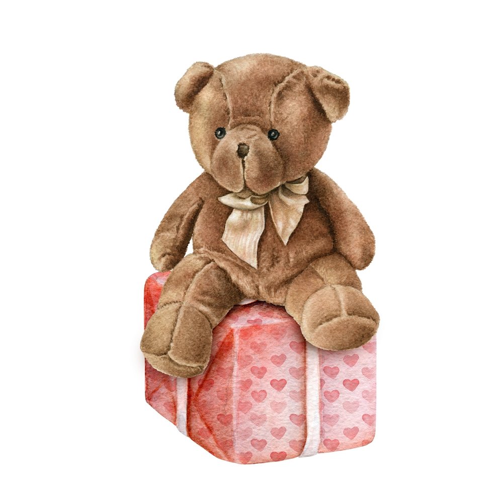 Teddy Bear on Gift Box Fabric Panel