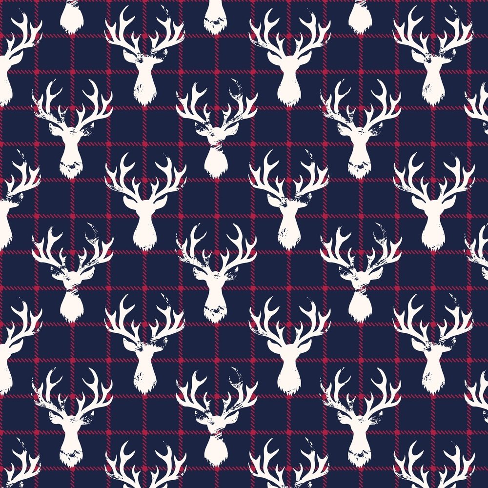 Textured Deer Head Silhouettes Fabric - Dark Blue Checkered