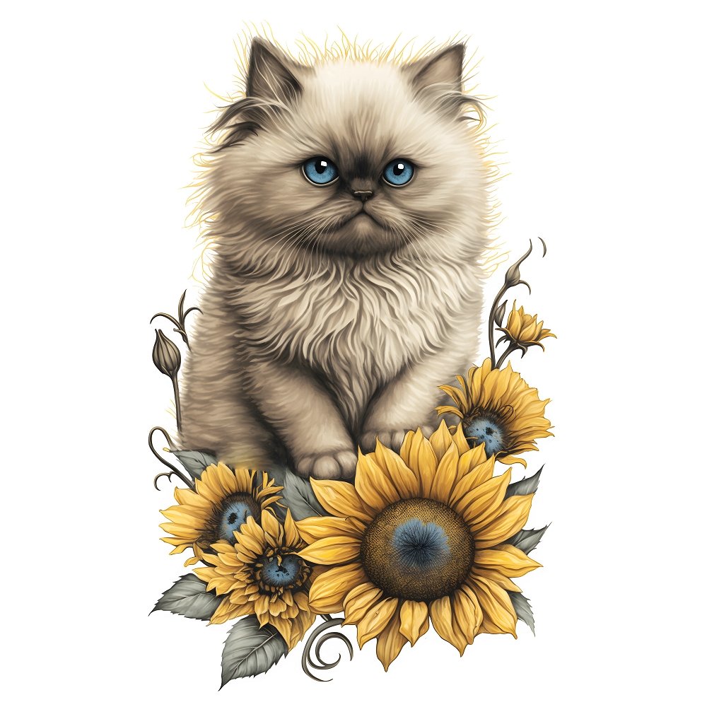 Sunflowers & Kittens Himalayan #2 Fabric Panel